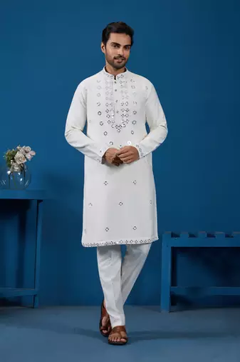 White viscose silk real mirror with thread embroidered work festival marriage party wear straight mens kurta with pant