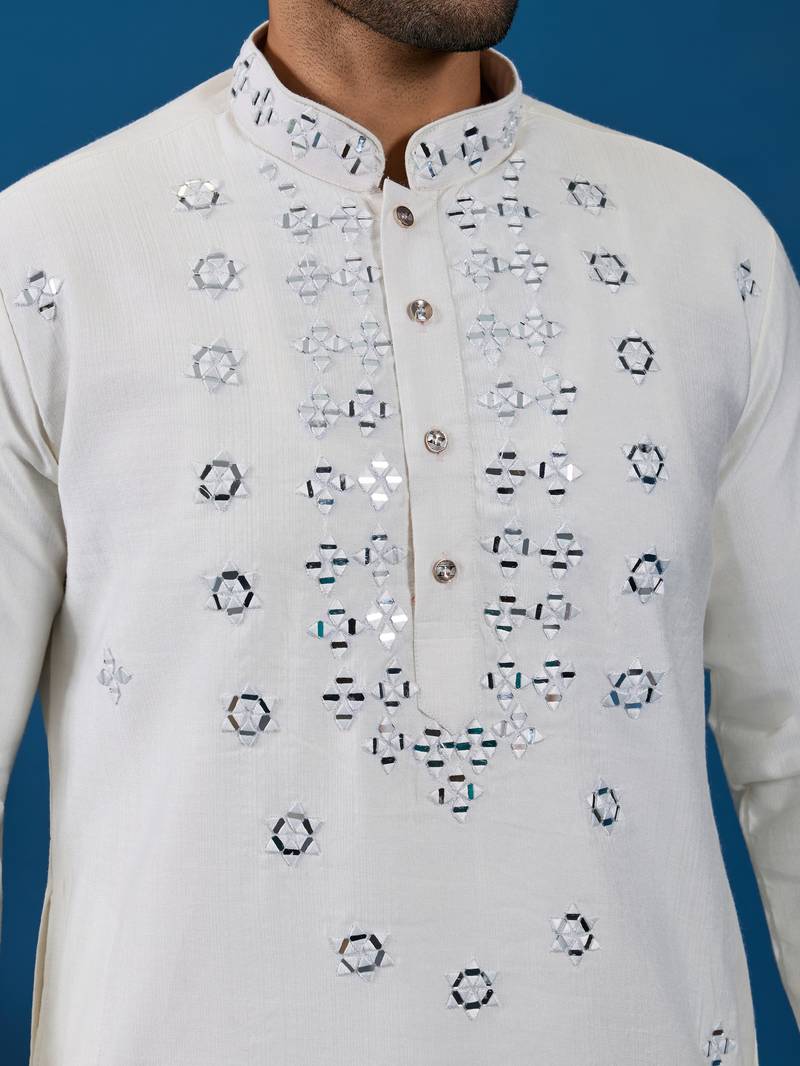 White viscose silk real mirror with thread embroidered work festival marriage party wear straight mens kurta with pant