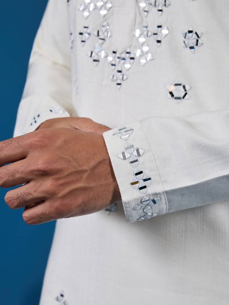 White viscose silk real mirror with thread embroidered work festival marriage party wear straight mens kurta with pant