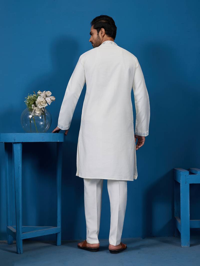 White viscose silk real mirror with thread embroidered work festival marriage party wear straight mens kurta with pant