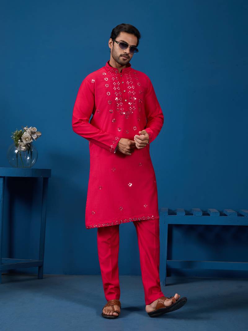 Rani viscose silk real mirror with thread embroidered work festival marriage party wear straight mens kurta with pant
