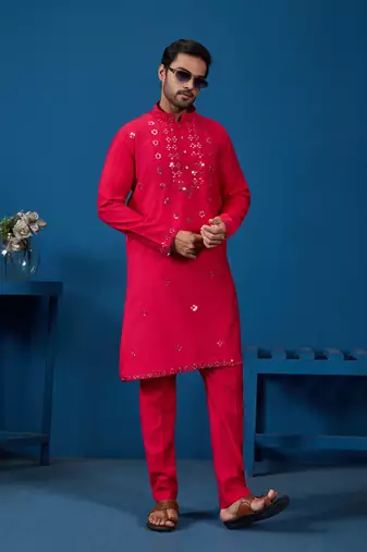 Rani viscose silk real mirror with thread embroidered work festival marriage party wear straight mens kurta with pant