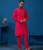 Rani viscose silk real mirror with thread embroidered work festival marriage party wear straight mens kurta with pant