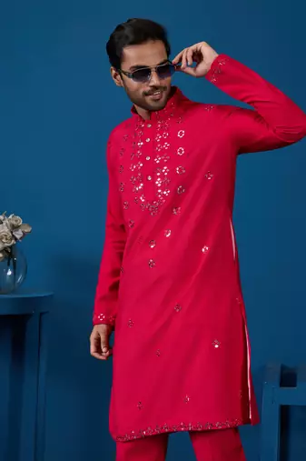 RANI VISCOSE SILK REAL MIRROR WITH THREAD EMBROIDERED WORK FESTIVAL MARRIAGE PARTY WEAR STRAIGHT MENS KURTA WITH PANT