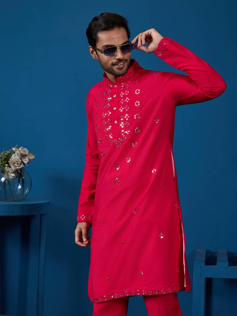 Rani viscose silk real mirror with thread embroidered work festival marriage party wear straight mens kurta with pant