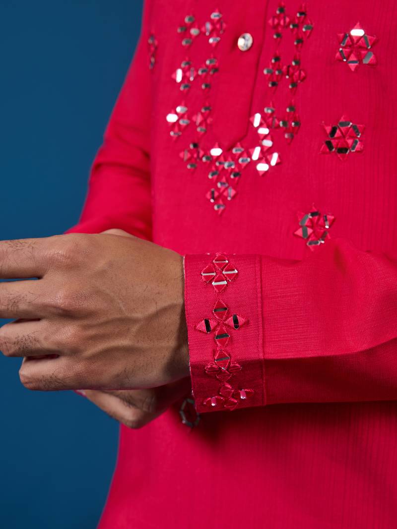 Rani viscose silk real mirror with thread embroidered work festival marriage party wear straight mens kurta with pant