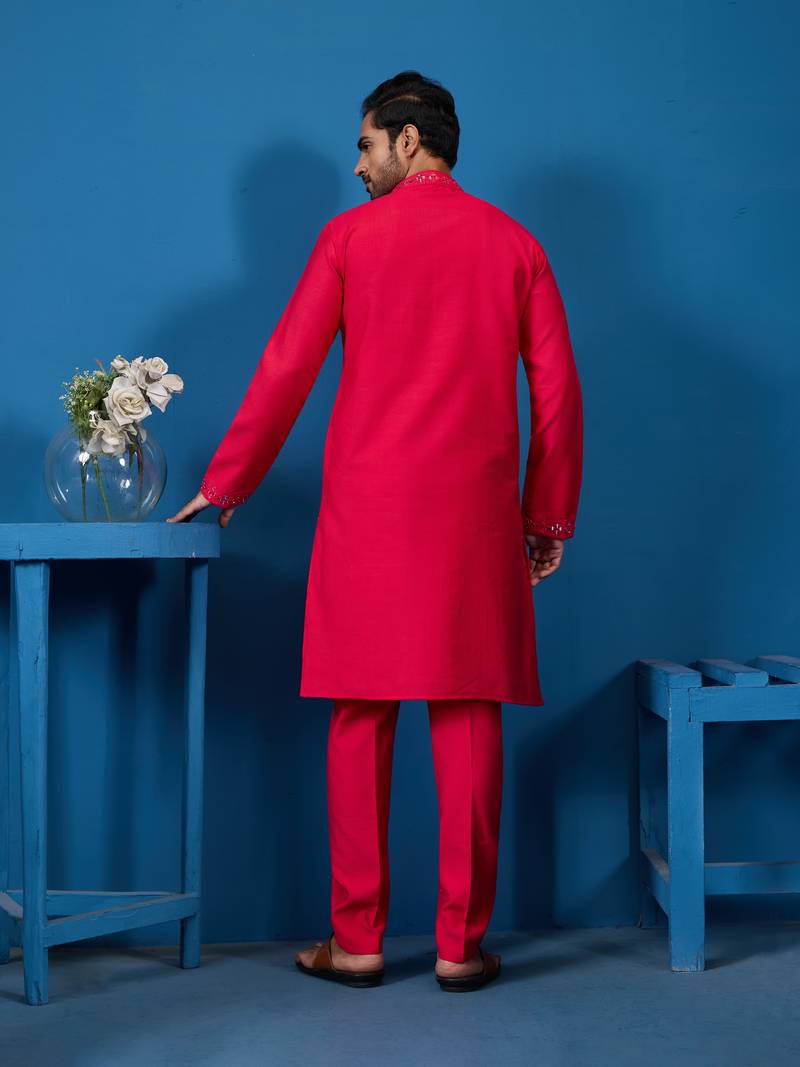 Rani viscose silk real mirror with thread embroidered work festival marriage party wear straight mens kurta with pant