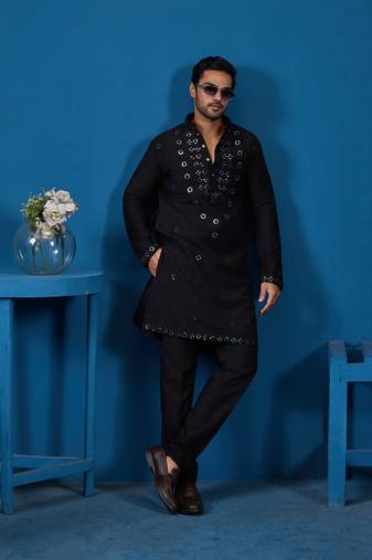 Black viscose silk real mirror with thread embroidered work festival marriage party wear straight mens kurta with pant