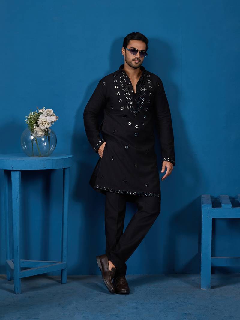 Black viscose silk real mirror with thread embroidered work festival marriage party wear straight mens kurta with pant