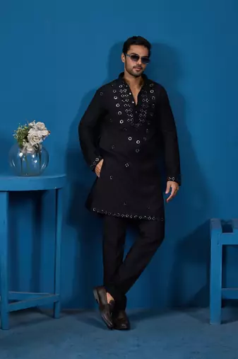 Black viscose silk real mirror with thread embroidered work festival marriage party wear straight mens kurta with pant
