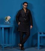 Black viscose silk real mirror with thread embroidered work festival marriage party wear straight mens kurta with pant