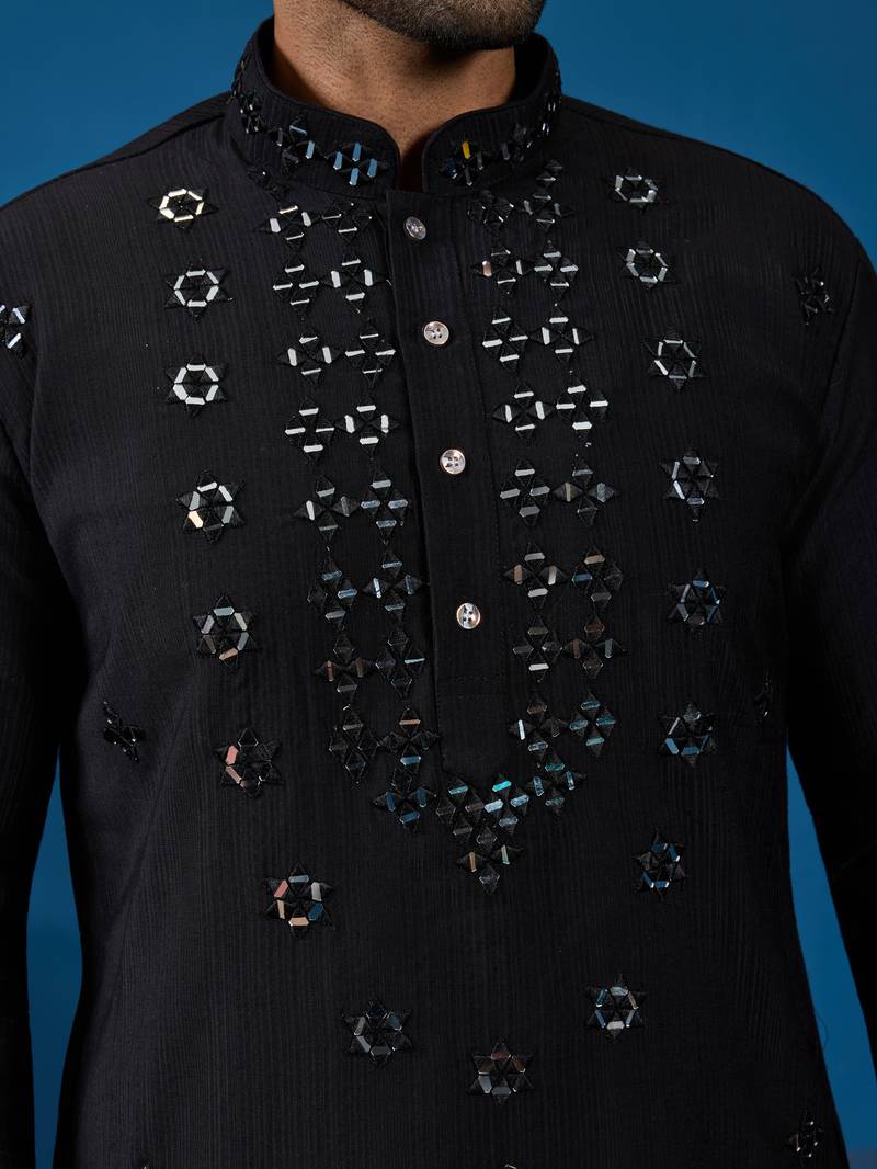 Black viscose silk real mirror with thread embroidered work festival marriage party wear straight mens kurta with pant