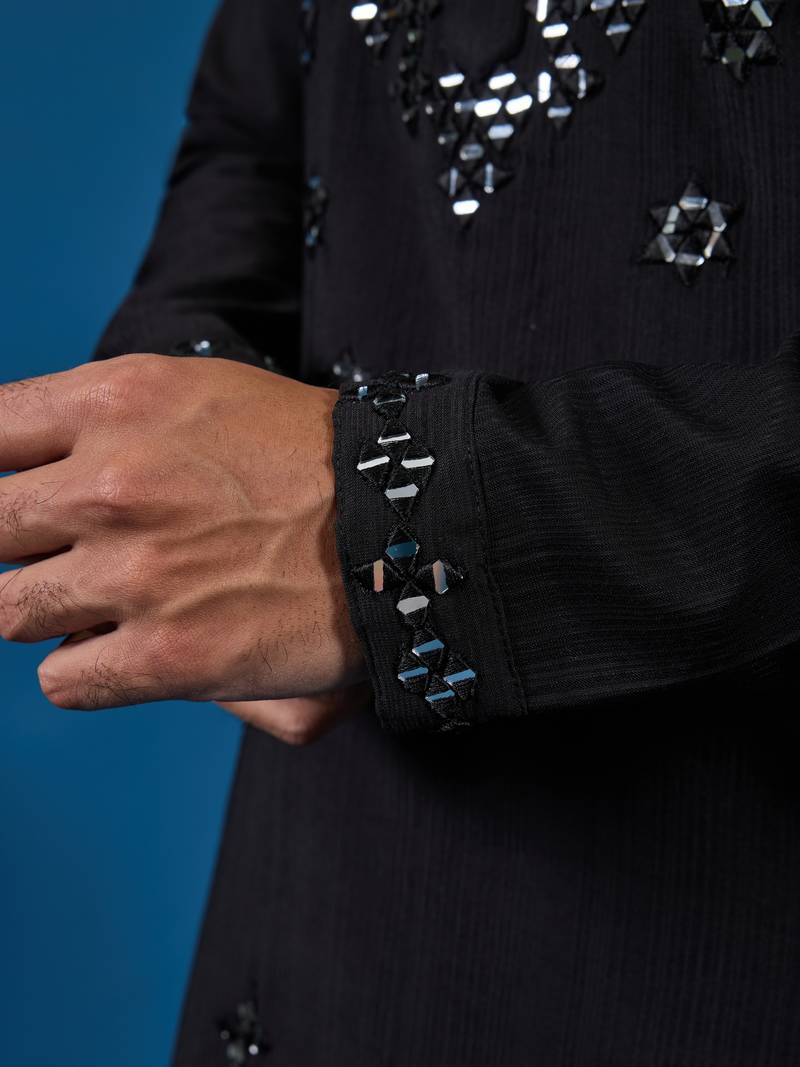 Black viscose silk real mirror with thread embroidered work festival marriage party wear straight mens kurta with pant