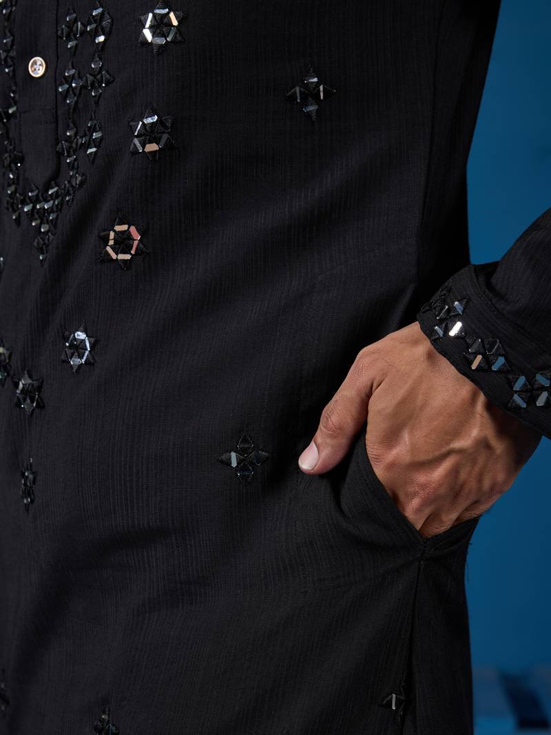 Black viscose silk real mirror with thread embroidered work festival marriage party wear straight mens kurta with pant