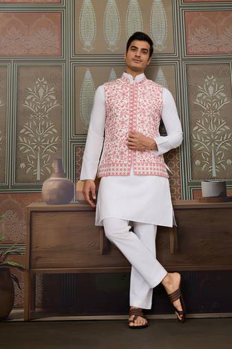 White pink silk real mirror with thread embroidered work wedding festival party wear straight kurta with jacke and pant