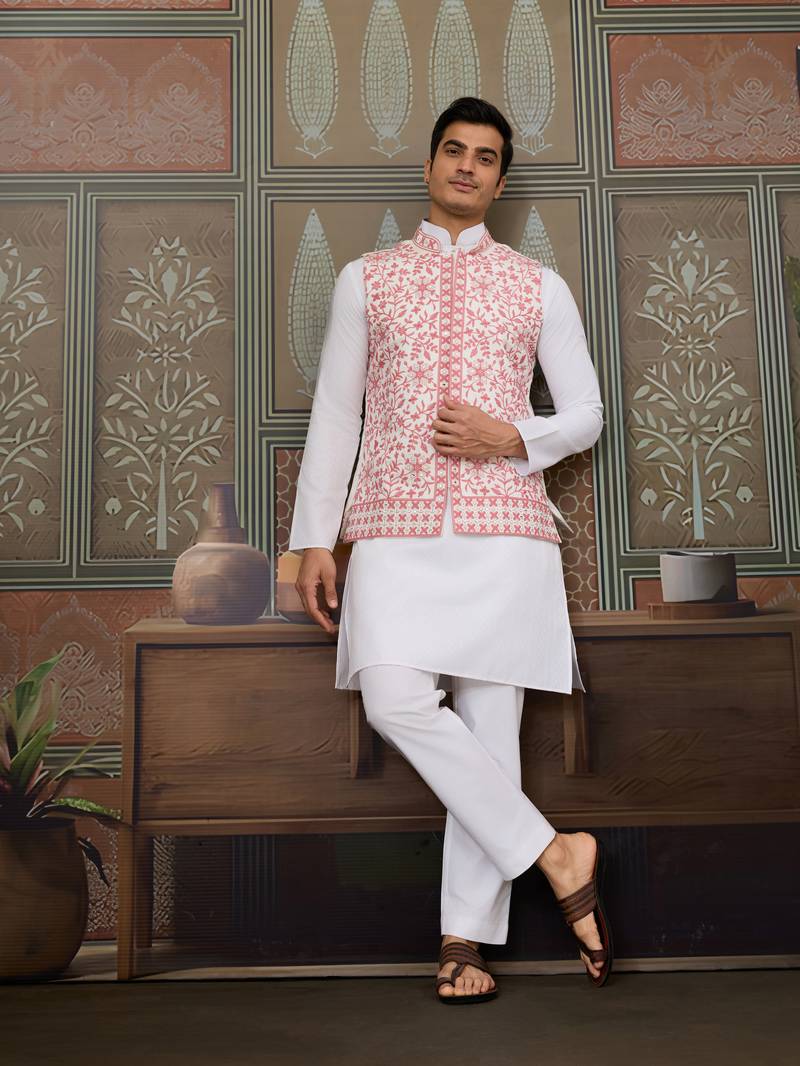 White pink silk real mirror with thread embroidered work wedding festival party wear straight kurta with jacke and pant