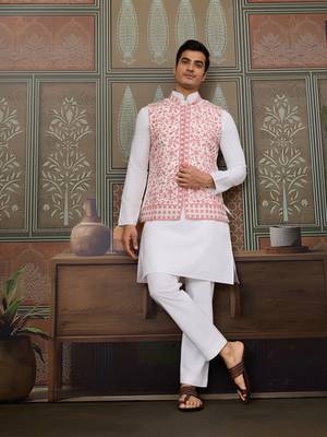 WHITE PINK SILK REAL MIRROR WITH THREAD EMBROIDERED WORK WEDDING FESTIVAL PARTY WEAR STRAIGHT KURTA WITH JACKE AND PANT 1