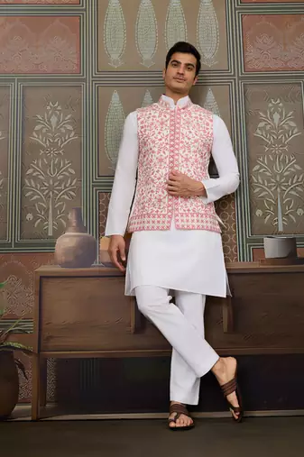 White pink silk real mirror with thread embroidered work wedding festival party wear straight kurta with jacke and pant