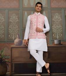 WHITE PINK SILK REAL MIRROR WITH THREAD EMBROIDERED WORK WEDDING FESTIVAL PARTY WEAR STRAIGHT KURTA WITH JACKE AND PANT