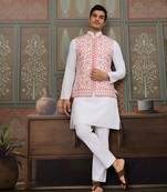 White pink silk real mirror with thread embroidered work wedding festival party wear straight kurta with jacke and pant