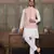 WHITE PINK SILK REAL MIRROR WITH THREAD EMBROIDERED WORK WEDDING FESTIVAL PARTY WEAR STRAIGHT KURTA WITH JACKE AND PANT