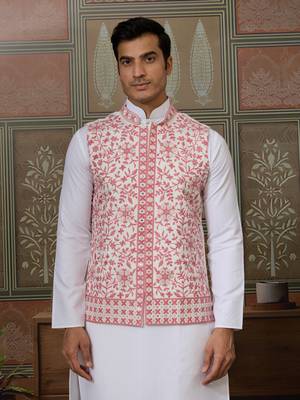 WHITE PINK SILK REAL MIRROR WITH THREAD EMBROIDERED WORK WEDDING FESTIVAL PARTY WEAR STRAIGHT KURTA WITH JACKE AND PANT 3