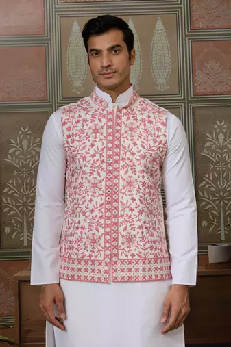 WHITE PINK SILK REAL MIRROR WITH THREAD EMBROIDERED WORK WEDDING FESTIVAL PARTY WEAR STRAIGHT KURTA WITH JACKE AND PANT