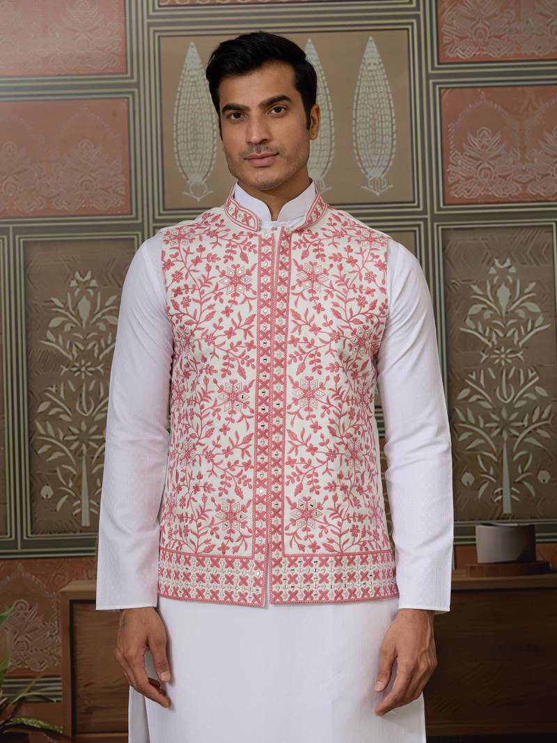White pink silk real mirror with thread embroidered work wedding festival party wear straight kurta with jacke and pant