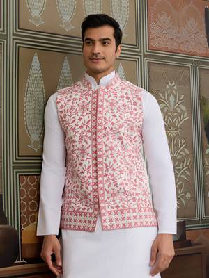 WHITE PINK SILK REAL MIRROR WITH THREAD EMBROIDERED WORK WEDDING FESTIVAL PARTY WEAR STRAIGHT KURTA WITH JACKE AND PANT 4
