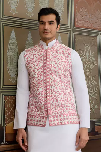 WHITE PINK SILK REAL MIRROR WITH THREAD EMBROIDERED WORK WEDDING FESTIVAL PARTY WEAR STRAIGHT KURTA WITH JACKE AND PANT