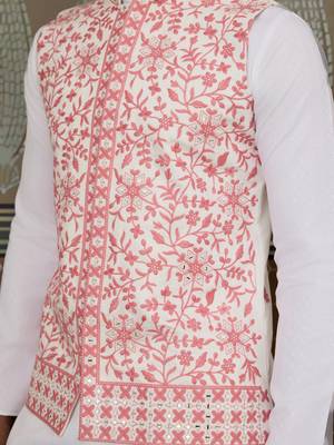 WHITE PINK SILK REAL MIRROR WITH THREAD EMBROIDERED WORK WEDDING FESTIVAL PARTY WEAR STRAIGHT KURTA WITH JACKE AND PANT 5