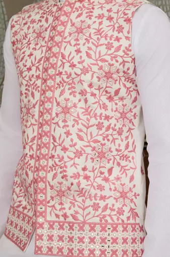 WHITE PINK SILK REAL MIRROR WITH THREAD EMBROIDERED WORK WEDDING FESTIVAL PARTY WEAR STRAIGHT KURTA WITH JACKE AND PANT