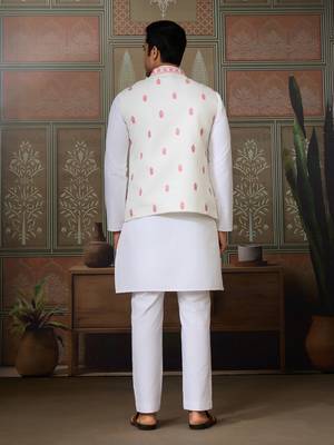WHITE PINK SILK REAL MIRROR WITH THREAD EMBROIDERED WORK WEDDING FESTIVAL PARTY WEAR STRAIGHT KURTA WITH JACKE AND PANT 6