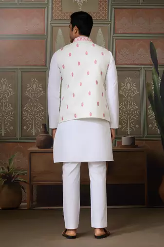 WHITE PINK SILK REAL MIRROR WITH THREAD EMBROIDERED WORK WEDDING FESTIVAL PARTY WEAR STRAIGHT KURTA WITH JACKE AND PANT