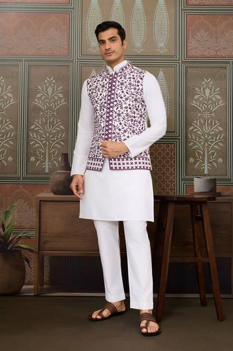White purple silk real mirror with thread embroidered work festival party wear straight kurta with jacke and pant