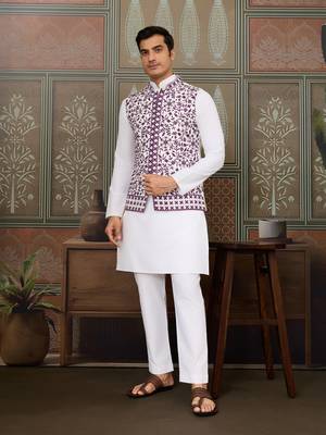 WHITE PURPLE SILK REAL MIRROR WITH THREAD EMBROIDERED WORK FESTIVAL PARTY WEAR STRAIGHT KURTA WITH JACKE AND PANT 1