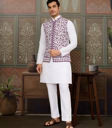 WHITE PURPLE SILK REAL MIRROR WITH THREAD EMBROIDERED WORK FESTIVAL PARTY WEAR STRAIGHT KURTA WITH JACKE AND PANT