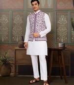 White purple silk real mirror with thread embroidered work festival party wear straight kurta with jacke and pant