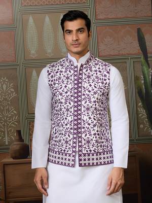 WHITE PURPLE SILK REAL MIRROR WITH THREAD EMBROIDERED WORK FESTIVAL PARTY WEAR STRAIGHT KURTA WITH JACKE AND PANT 3