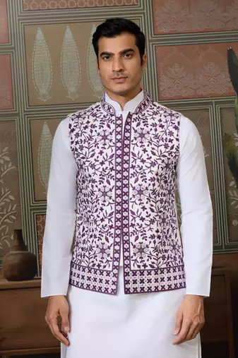 WHITE PURPLE SILK REAL MIRROR WITH THREAD EMBROIDERED WORK FESTIVAL PARTY WEAR STRAIGHT KURTA WITH JACKE AND PANT