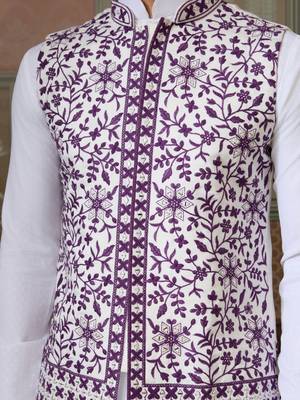 WHITE PURPLE SILK REAL MIRROR WITH THREAD EMBROIDERED WORK FESTIVAL PARTY WEAR STRAIGHT KURTA WITH JACKE AND PANT 4