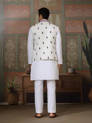 WHITE PURPLE SILK REAL MIRROR WITH THREAD EMBROIDERED WORK FESTIVAL PARTY WEAR STRAIGHT KURTA WITH JACKE AND PANT 5