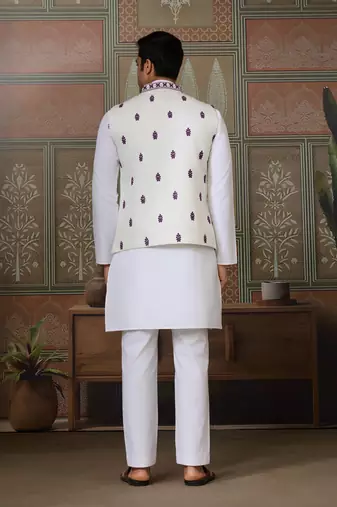 WHITE PURPLE SILK REAL MIRROR WITH THREAD EMBROIDERED WORK FESTIVAL PARTY WEAR STRAIGHT KURTA WITH JACKE AND PANT