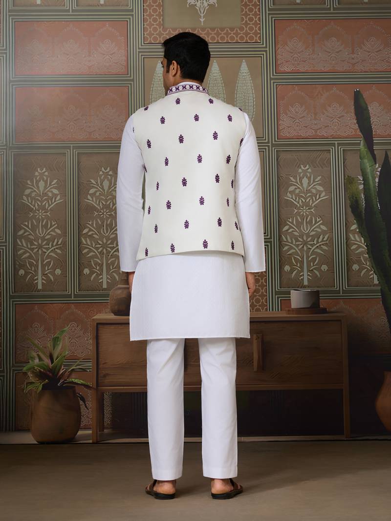 White purple silk real mirror with thread embroidered work festival party wear straight kurta with jacke and pant