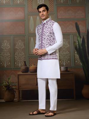 WHITE PURPLE SILK REAL MIRROR WITH THREAD EMBROIDERED WORK FESTIVAL PARTY WEAR STRAIGHT KURTA WITH JACKE AND PANT 6