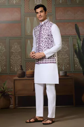 WHITE PURPLE SILK REAL MIRROR WITH THREAD EMBROIDERED WORK FESTIVAL PARTY WEAR STRAIGHT KURTA WITH JACKE AND PANT