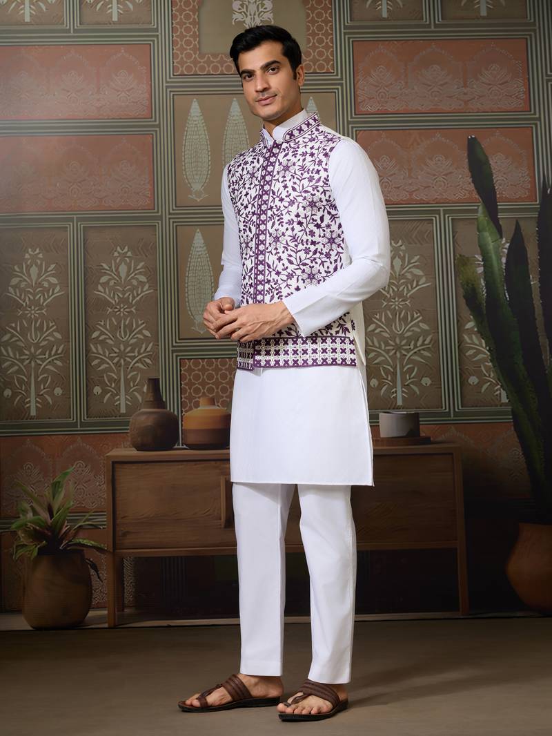 White purple silk real mirror with thread embroidered work festival party wear straight kurta with jacke and pant