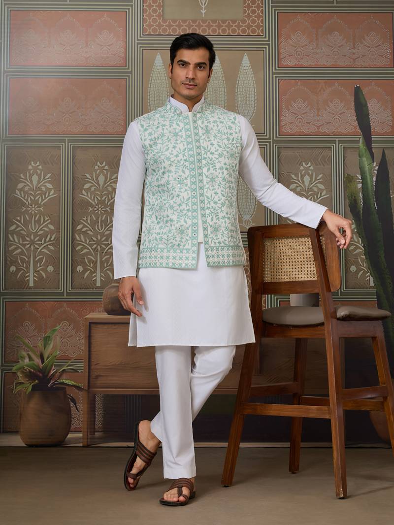 White green silk real mirror with thread embroidered work wedding festival party wear straight kurta with jacke and pant