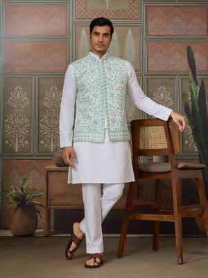 WHITE GREEN SILK REAL MIRROR WITH THREAD EMBROIDERED WORK WEDDING FESTIVAL PARTY WEAR STRAIGHT KURTA WITH JACKE AND PANT 1