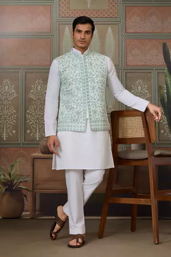 White green silk real mirror with thread embroidered work wedding festival party wear straight kurta with jacke and pant